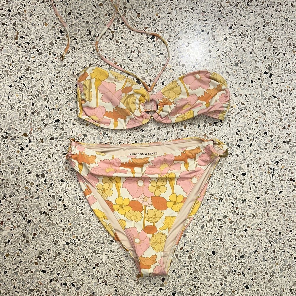 Kingdom & State primrose pink yellow floral bikini M L medium Large
